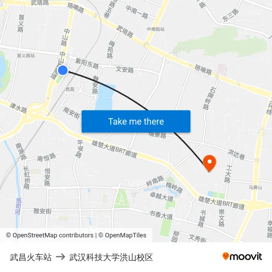 武昌火车站 to 武汉科技大学洪山校区 map