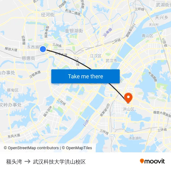 额头湾 to 武汉科技大学洪山校区 map