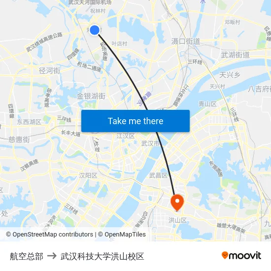 航空总部 to 武汉科技大学洪山校区 map