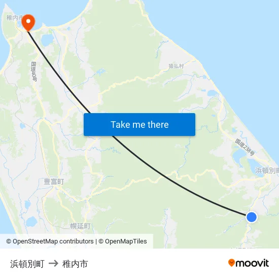 浜頓別町 to 稚内市 map