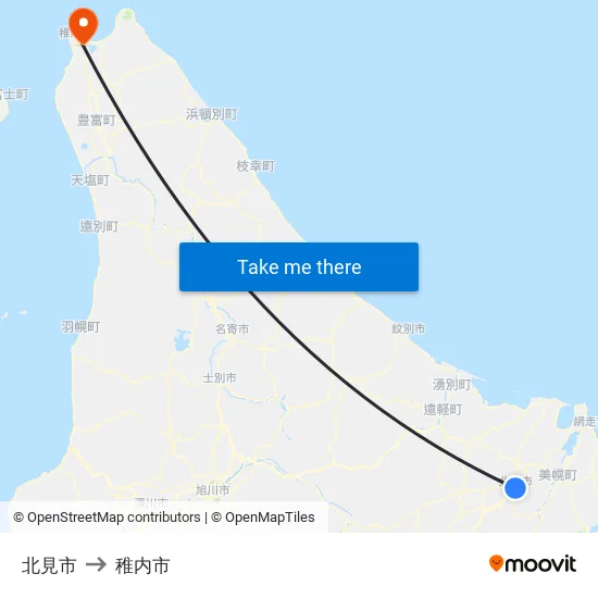 北見市 to 稚内市 map