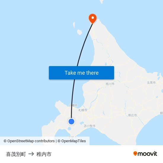 喜茂別町 to 稚内市 map