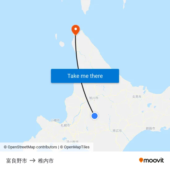富良野市 to 稚内市 map