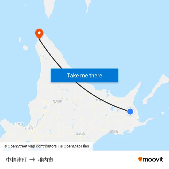 中標津町 to 稚内市 map