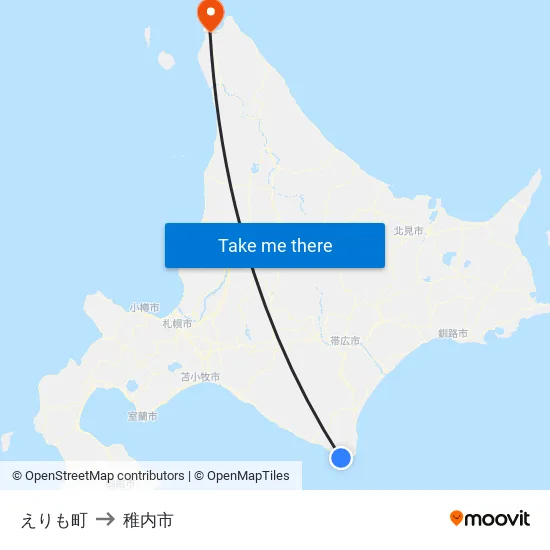 えりも町 to 稚内市 map