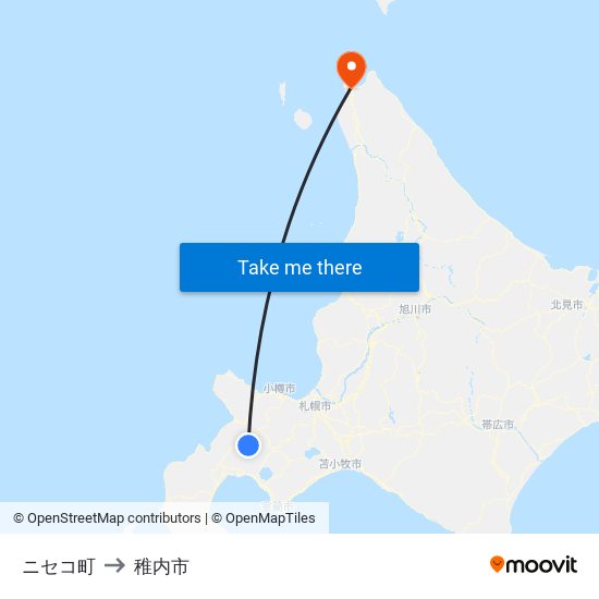 ニセコ町 to 稚内市 map