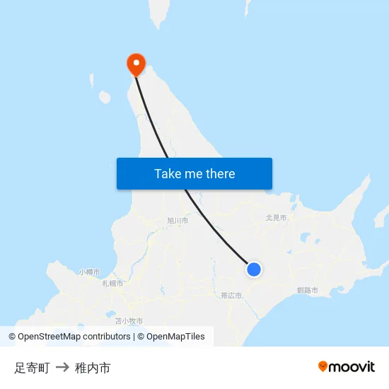 足寄町 to 稚内市 map