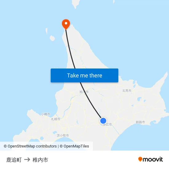 鹿追町 to 稚内市 map