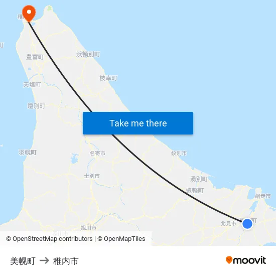 美幌町 to 稚内市 map
