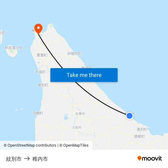 紋別市 to 稚内市 map