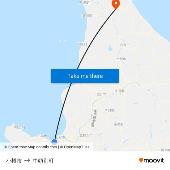 小樽市 to 中頓別町 map