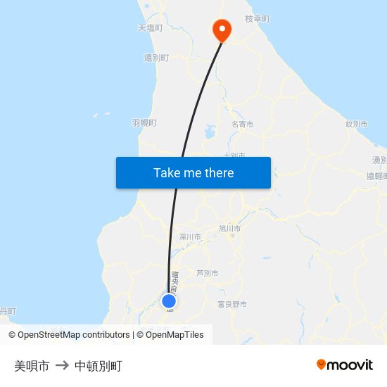 美唄市 to 中頓別町 map