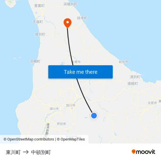 東川町 to 中頓別町 map