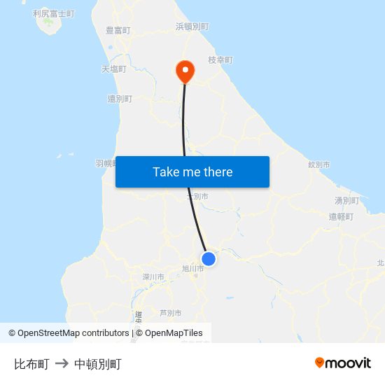 比布町 to 中頓別町 map