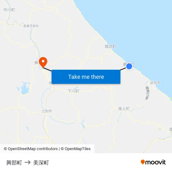 興部町 to 美深町 map