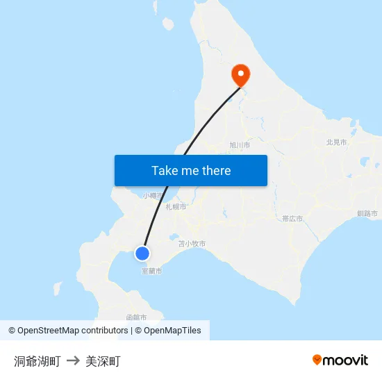 洞爺湖町 to 美深町 map