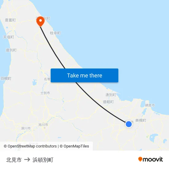 北見市 to 浜頓別町 map