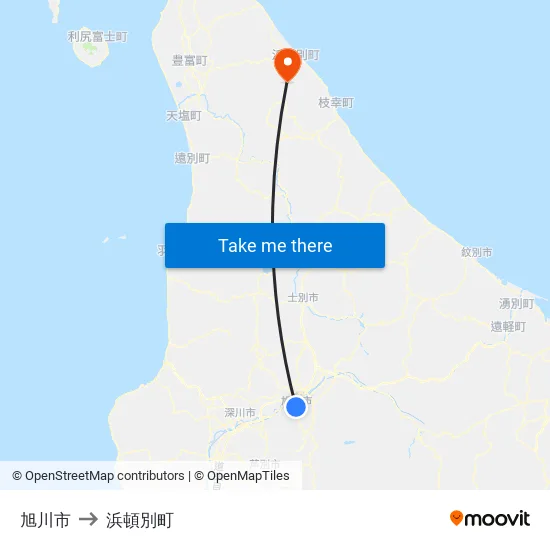 旭川市 to 浜頓別町 map