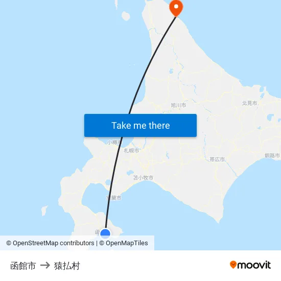 函館市 to 猿払村 map