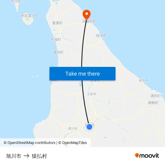 旭川市 to 猿払村 map