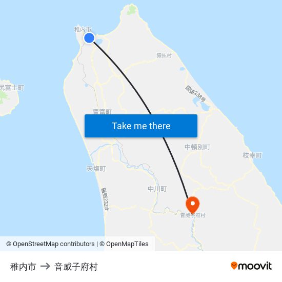 稚内市 to 音威子府村 map