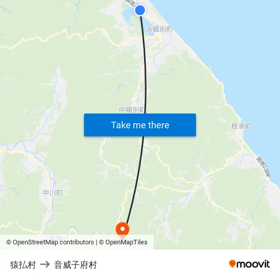 猿払村 to 音威子府村 map