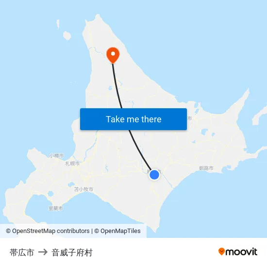 帯広市 to 音威子府村 map