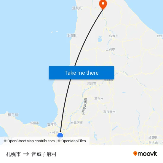 札幌市 to 音威子府村 map