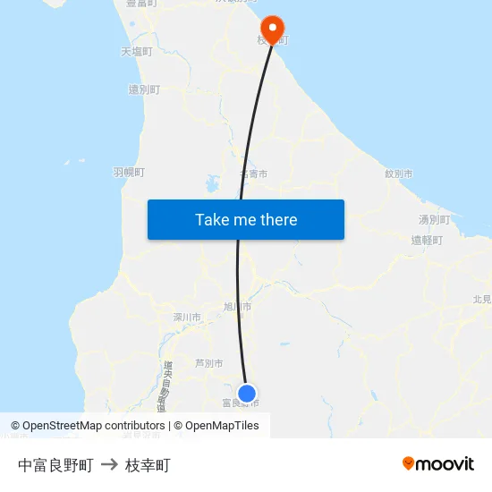 中富良野町 to 枝幸町 map