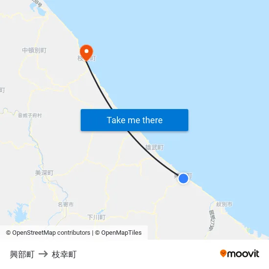 興部町 to 枝幸町 map