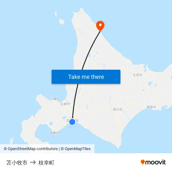 苫小牧市 to 枝幸町 map