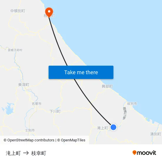 滝上町 to 枝幸町 map