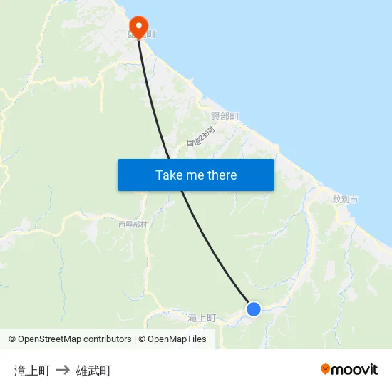 滝上町 to 雄武町 map