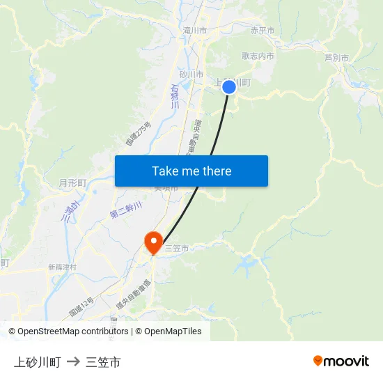 上砂川町 to 三笠市 map