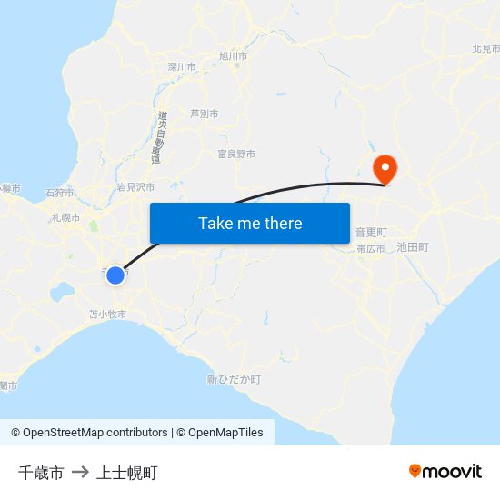 千歳市 to 上士幌町 map