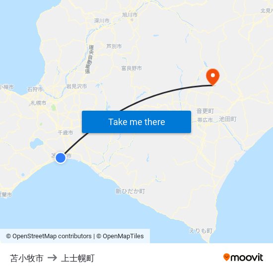 苫小牧市 to 上士幌町 map