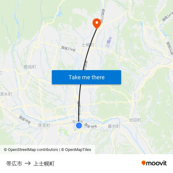 帯広市 to 上士幌町 map