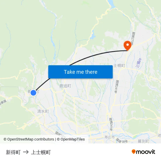 新得町 to 上士幌町 map