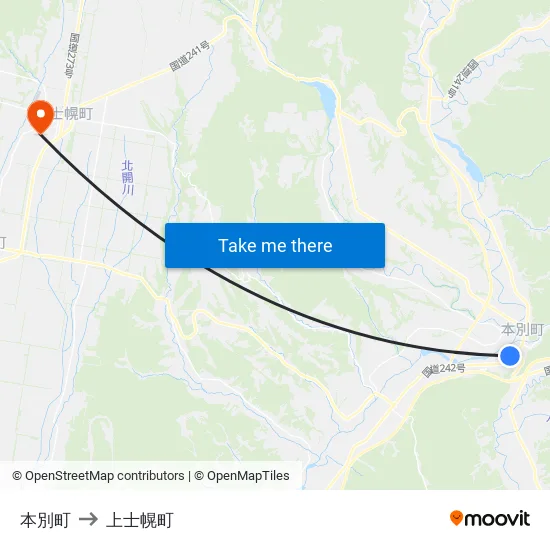 本別町 to 上士幌町 map