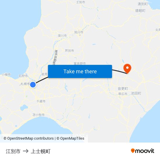 江別市 to 上士幌町 map