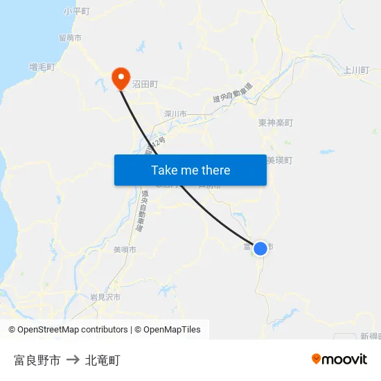 富良野市 to 北竜町 map