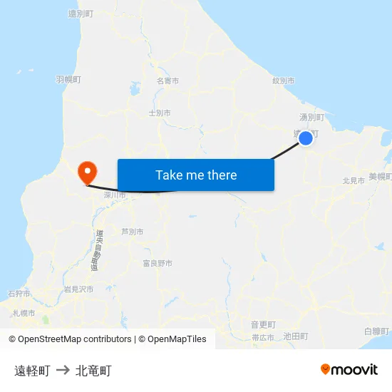 遠軽町 to 北竜町 map