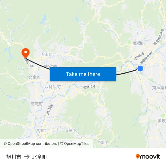 旭川市 to 北竜町 map