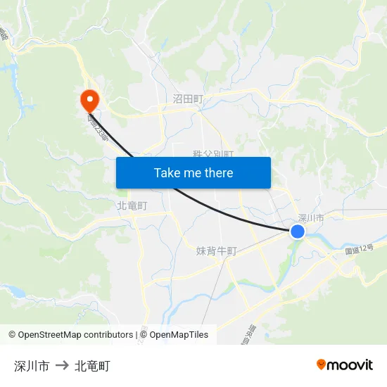 深川市 to 北竜町 map
