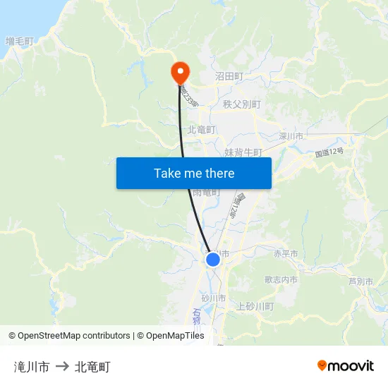 滝川市 to 北竜町 map