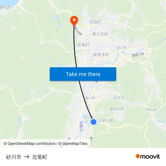 砂川市 to 北竜町 map