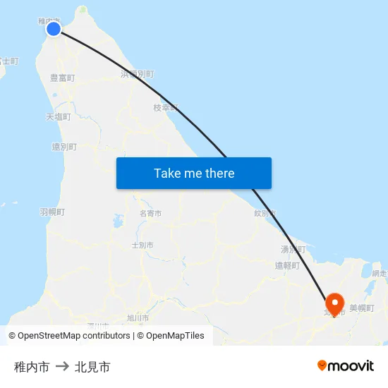 稚内市 to 北見市 map
