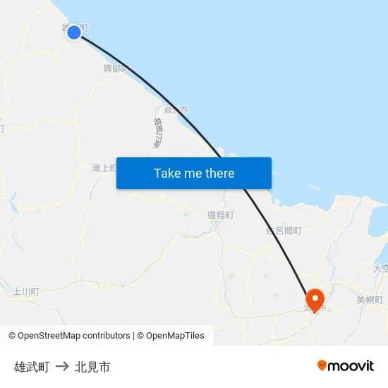 雄武町 to 北見市 map
