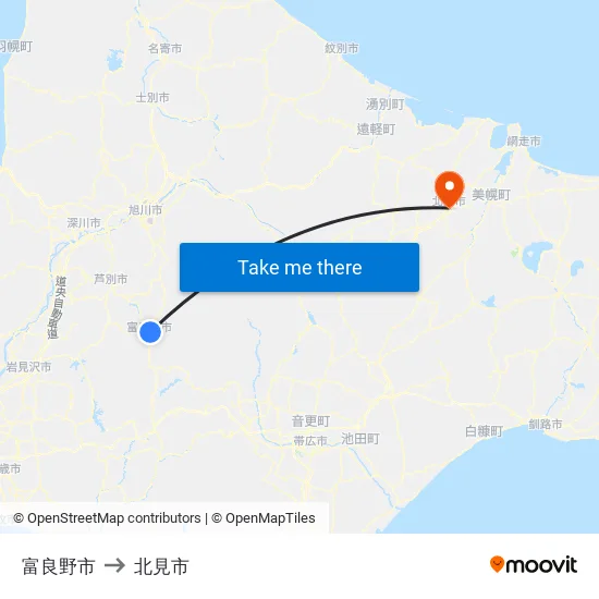 富良野市 to 北見市 map
