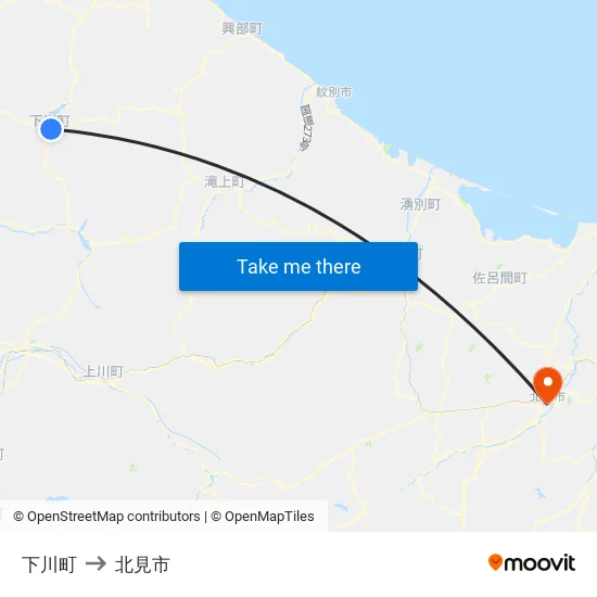 下川町 to 北見市 map